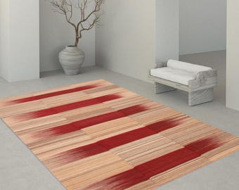 8x10 Red & Cream Kilim Rug, Oversize Kilim Rug, Large Area Rug, 8x10 Rug, Hand-Knotted Wool Rug, 8x10 Area Rug, 8x10 Kilim Rugs, Antique 65s