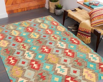4x6 Geometric Jute Kilim Rug, 4x6 Kilim Rug, 4x6, Handmade Wool Jute Kilim, 4x6 Rugs, Colorful Soft Color, Vintage Kilim Rug, Bohemian Decor