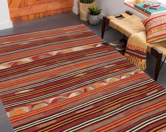 5x8 Red Black Orange Kilim Rug, 5x8 Kilim Rug, 5x8 Rug, Handmade Wool Jute Kilim, 5x8 Area Rug, Mid Century Modern Rug, 5x8 Vintage Kilim