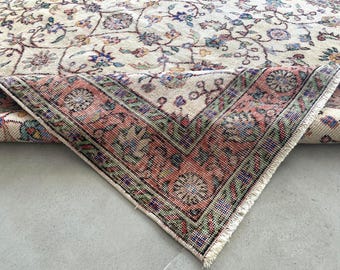 5x8 Cream Blue Floral Vintage Rug, 5x8 Vintage Rug 5x8 Rug Handmade Wool Rug 5x8 Area Rug 5x8 Turkish Rug Living Room Rug Bedroom Rug 55s
