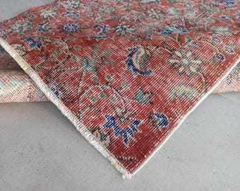 3x7 Red and Blue Vintage Runner Rug, 3x7 Vintage Runner 3x7 Rug Floral Handmade Rug 3x7 Runner Rug 3x7 Turkish Runner Hallway Entry Runner
