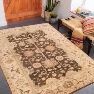 6x9 Vintage Rug, 6x9 Brown Beige Vintage Rug, 6x9 Rug, Wool Handmade Oushak, 6x9 Area Rug, Mid Century Oushak Rug, 6x9 Turkish Rug, Antique