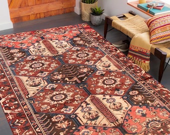 4x7 Red Blue Turkish Rug, 4x7 Turkish Rug, Hand Woven Rug, 4x7 Rug, Oriental Tribal Decor, Living Room Rug, Mid Century Rug, Turkish Rug 4x7