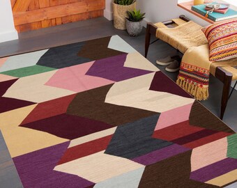6x8 Purple Brown Kilim Rug, 6x8 Kilim Rug, 6x8, Handmade Wool Jute Kilim, 6x8 Area Rug, Geometric Style, Kilim Rug 6x8, Farmhouse Room, 60s
