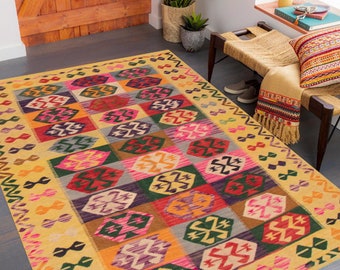 6x9 Tribal Bohemian Kilim Rug, 6x9 Kilim Rug, 6x9, Handmade Wool Jute Kilim, 6x9 Rug, Shade Of Light Yellow Carpet, Rugs For Farmhouse Room