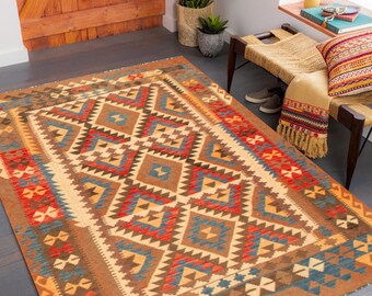 5x7 Area Rug, 5x7 Tribal Kilim, 5x7 Turkish Vintage Kilim Rug, 5x7, Handmade Wool Jute Kilim, 5x7 Rug, Red & Brown Kilim, 5x7 Vintage Rug