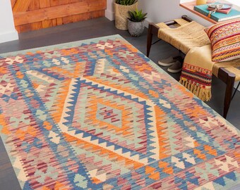 4x5 Blue Orange Jute Kilim Rug, 4x5 Kilim Rug, 4x5 Rug, Wool Hand Woven Kilim, Geometric Bohemian Decor, 4x5 Vintage Rug, Living Room Rug