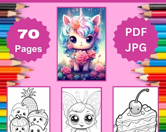 70 Kawaii Coloring Pages, Cute Coloring Book, Kawaii Gifts,  Kawaii Food, Cute Kawaii, Kawaii Anime, Kawaii Coloring, Digital Download