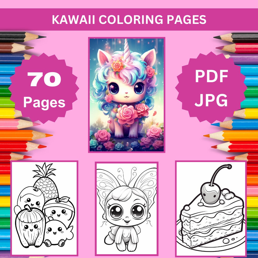 70 Kawaii Coloring Pages, Cute Coloring Book, Kawaii Gifts, Kawaii Food