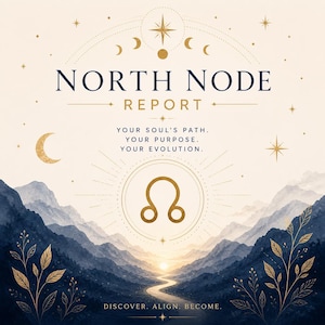 May include: A digital graphic with the words "NORTH NODE REPORT" in navy blue. The image features a watercolor landscape with mountains, a river, and celestial elements. Text includes "YOUR SOUL'S PATH. YOUR PURPOSE. YOUR EVOLUTION."