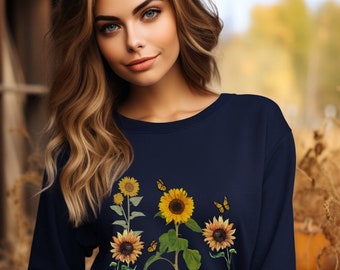 Sunflower Crewneck Sweatshirt, Butterfly Design, Nature Lover Gift