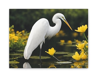 Reiher Leinwanddruck | Serene Bird and Yellow Flower Wandkunst