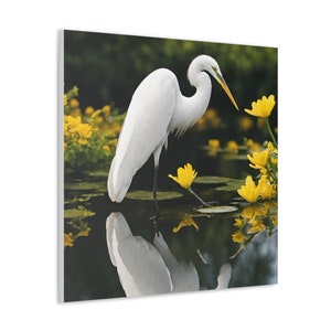Egret Wall Print with Egret Bird Canvas Print with Yellow White Birds Nature Decor Hallway Bedroom Bathroom Print Gift for Egret Bird Lover
