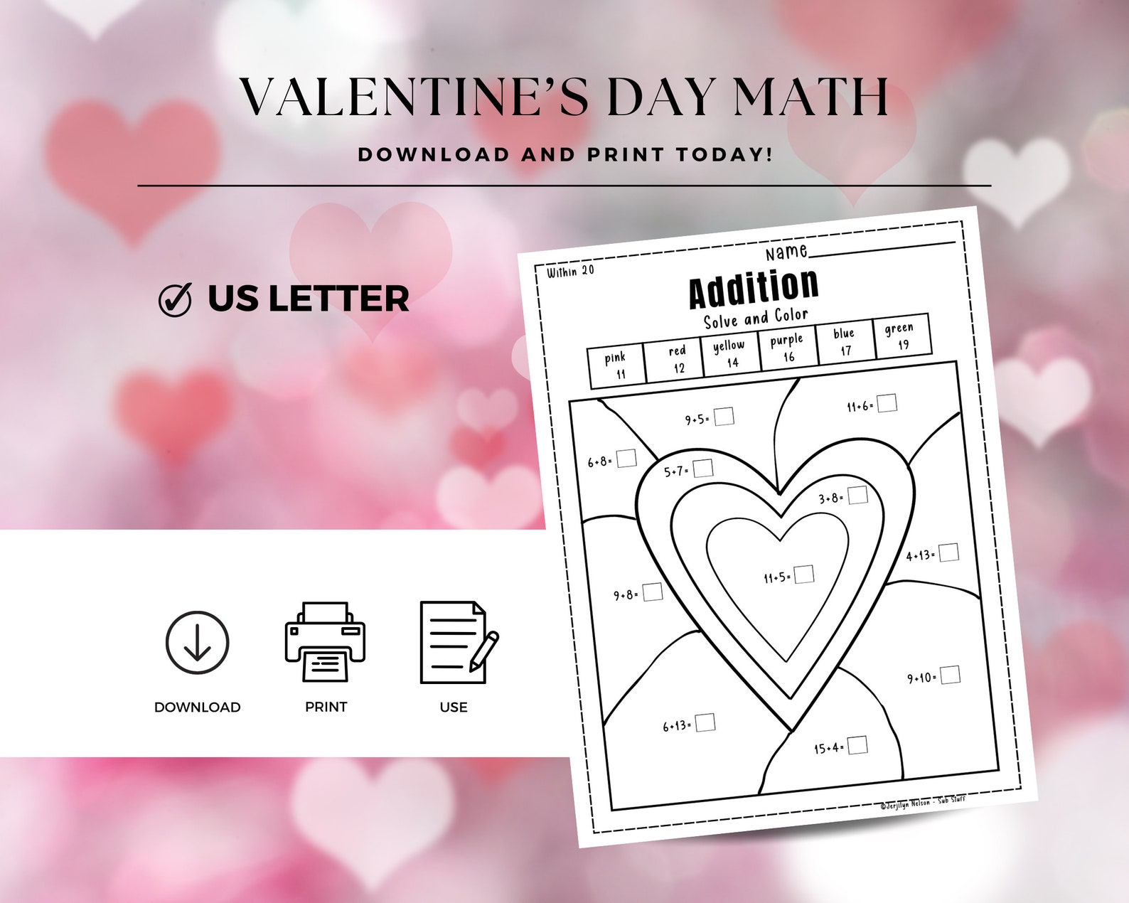 Valentine's Day Color by Number and Matching Addition to 20, Math Color ...