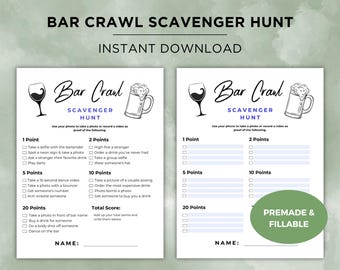 Bar Scavenger Hunt Printable, Fillable Bar Hopping Game, Birthday bar crawl, cruise bar crawl, ladies night games, Adult Scavenger Hunt,