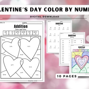 Valentine's Day Color By Number and Matching Addition to 20, Math Color Pages,  Color by Code, 2nd Grade Math Worksheet Printable