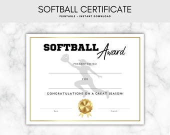 Certificado de softbol imprimible, premio por participación en equipo, fiesta del equipo, premios de la fiesta del equipo de softbol de fin de temporada, ceremonia de premiación, PDF