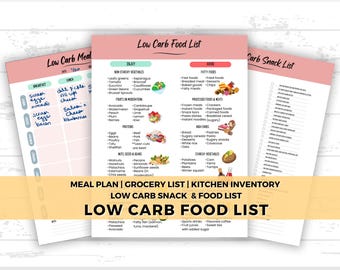 Low Carb Food List Meal Planner, Pre Diabetes Diet Plan Printable, Low Carb Snack List Printable, Grocery List, Weight Loss Food Plan, Keto