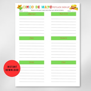 Puede incluir: Una hoja de inscripción para un potluck del Cinco de Mayo imprimible con un gráfico colorido de un sombrero y tacos. La hoja está dividida en secciones para aperitivos, platos principales, acompañamientos, postres, bebidas y otros. Hay líneas para que la gente escriba sus nombres y lo que traerán.