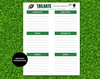 Football Tailgate Party Potluck Sign Up Sheet Printable, Potluck Sign Up Form, Big Game Potluck, College Potluck, Instant Download