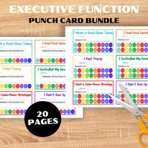 May include: An executive function punch card bundle featuring 20 pages of colorful reward cards. Each card includes spaces for a name and redemption goal, with numbered circles from 1 to 20. A pair of orange-handled scissors rests on the paper sheets.