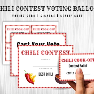 Chili Kochen Off Party zum Ausdrucken, Wahlzettel, Chili-Nummern, Chili-Konkurrenz, Preisurkunde, Chili Kochen Off-Stimme, Chili Score Card