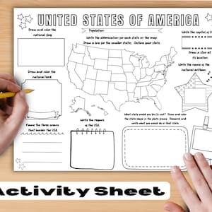 Vereinigten Staaten von Amerika Ausmalseite, Ausmalseite zum Ausmalen, Ausmalen, Tischset, Größe 11 x 17 oder 8,5 x 11, US Geographie Geschichte