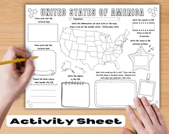 May include: Black and white printable activity sheet for kids to learn about the United States of America. The sheet includes a map of the USA, a space to draw the American flag, and a space to write the names of the three oceans that border the USA.