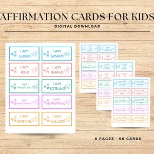 Affirmation Cards for Kids Printable, 60 Positivity Cards, Positive Affirmations, Motivational Cards, Kids Mental Health, Kids Anxiety cards