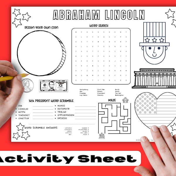 Presidents Day Activity Printable, Abraham Lincoln Coloring Sheet, Placemat, Instant PDF, Learning Resource