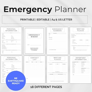 Puede incluir: Un conjunto de páginas de planificador de emergencias imprimibles. El título "Emergency Planner" está en la parte superior, con "Printable | Editable | A4 & US Letter" debajo. Las páginas incluyen secciones para información personal, números de emergencia y lugares de reunión.