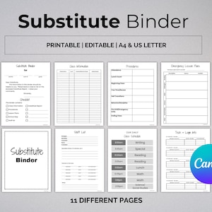 Substitute Teacher Binder Editable Template, Substitute Plans, Sub Plan Printable, Substitute Folder, Guest Teacher Plans, US Letter & A4