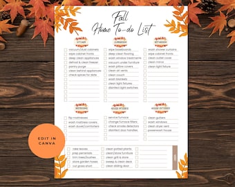 Fall Cleaning & To Do Checklist Editable printable, Home Preparation List, Autumn Home Maintenance, Instant Download, Edit in Canva, PDF