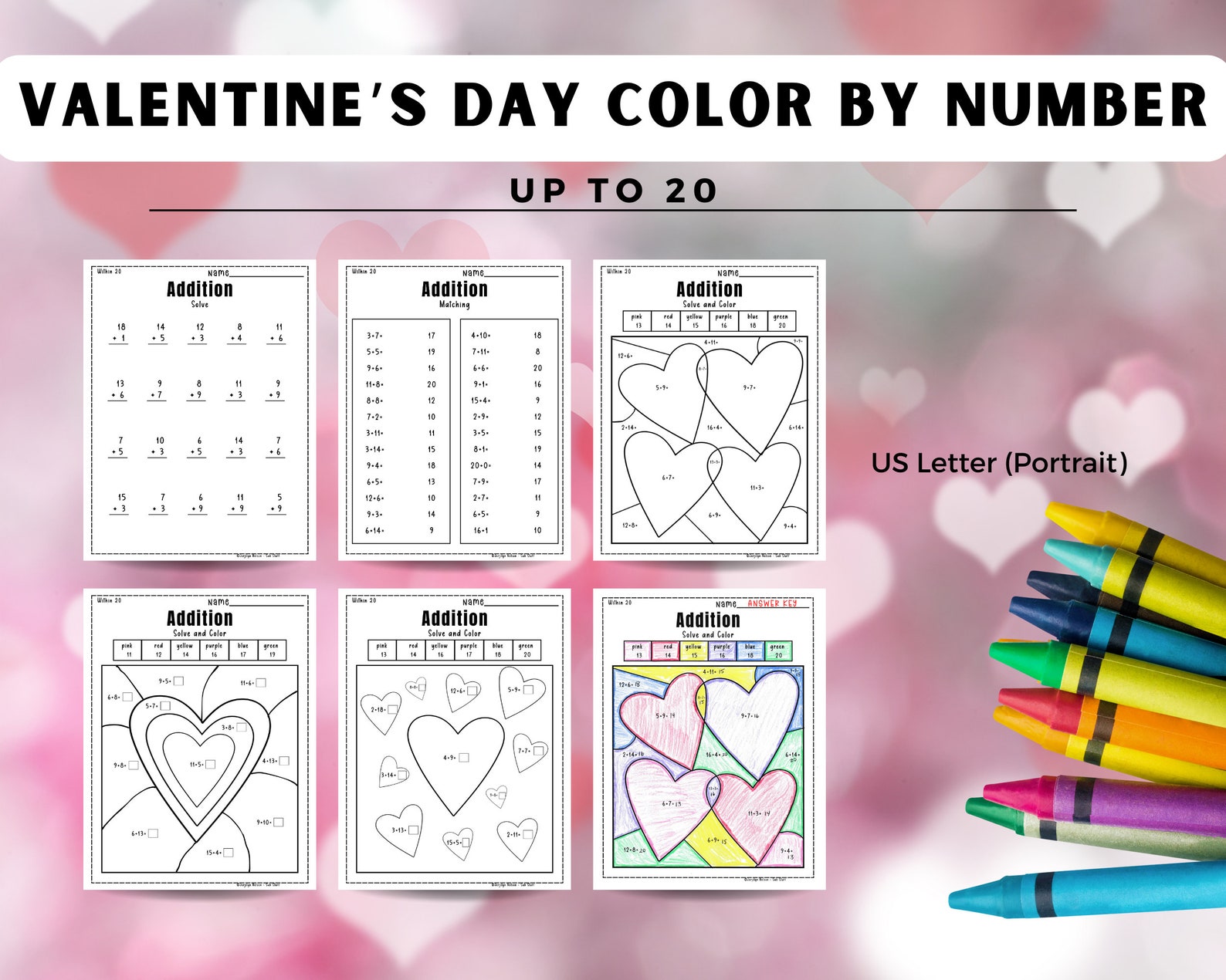 Valentine's Day Color by Number and Matching Addition to 20, Math Color ...