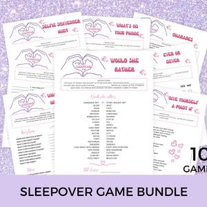 May include: A printable set of 10 sleepover games for teenagers. The games include "What's on Your Phone", "Would She Rather", "Charades", "Ever or Never", "Give Yourself a Point If", "Selfie Scavenger Hunt", and more. The games are designed with a pink and white colour scheme and feature a heart design.