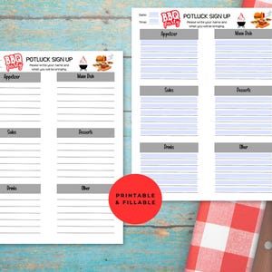 May include: Printable BBQ potluck sign up sheet with sections for appetizers, main dishes, sides, desserts, drinks, and other. The sheet has a red, white, and blue BBQ party logo with a grill and a hot dog.