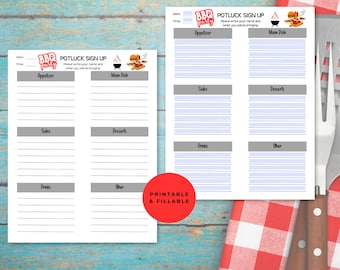May include: Printable BBQ potluck sign up sheet with sections for appetizers, main dishes, sides, desserts, drinks, and other. The sheet has a red, white, and blue BBQ party logo with a grill and a hot dog.
