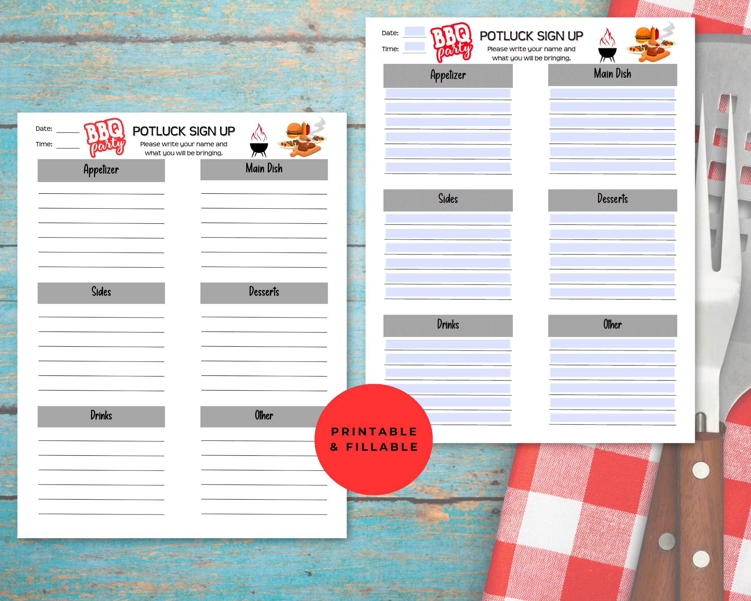 BBQ Backyard Potluck Fillable Sign Up Sheet, Sign Up for Potluck Lunch Printable, Dinner Party, What to Bring, Summer Potluck,