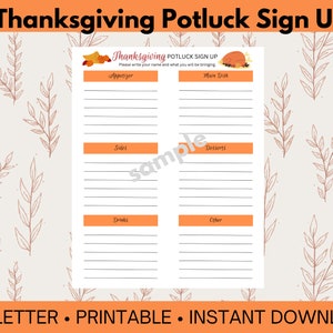 Hoja imprimible para registrarse para la comida compartida de Acción de Gracias, preparación para Acción de Gracias, comida compartida en el trabajo, Acción de Gracias con amigos, descarga instantánea, PDF
