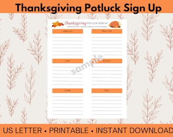 Thanksgiving Potluck Sign Up Sheet Printable, Thanksgiving prep, Work Potluck, Friendsgiving, Instant Download, PDF