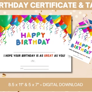 Birthday Certificate for Student, Kids Birthday Certificate, School Birthday Certificate, Birthday Gift Tag, Two Sizes, Instant Download