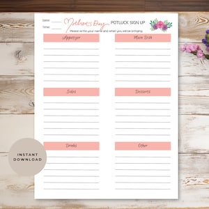 May include: Printable Mother's Day potluck sign up sheet with pink floral accents. The sheet is divided into sections for appetisers, main dishes, sides, desserts, drinks, and other. The text "Please write your name and what you will be bringing." is included.
