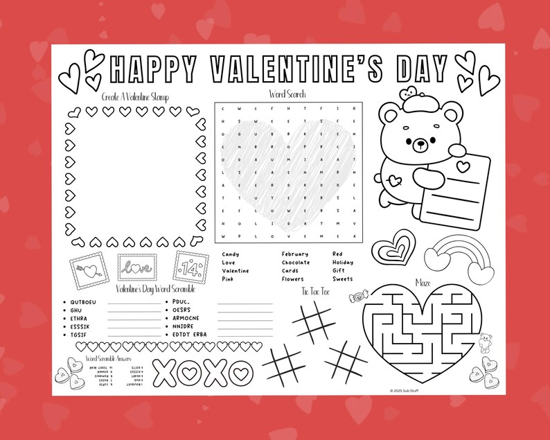 Valentine's Day Coloring Activity Placemat Printable, Kids Table ...