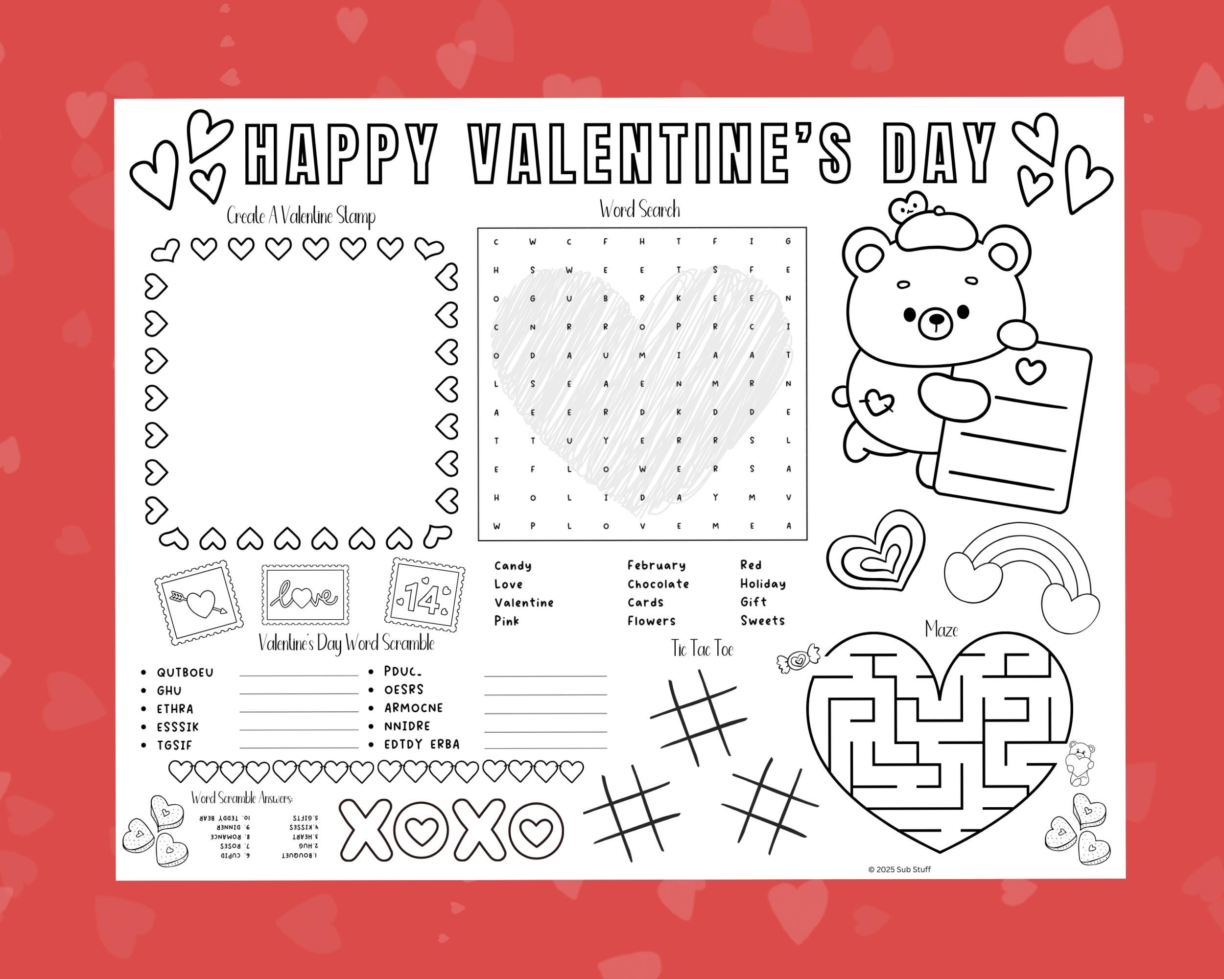 Valentine's Day Coloring Activity Placemat Printable, Kids Table ...