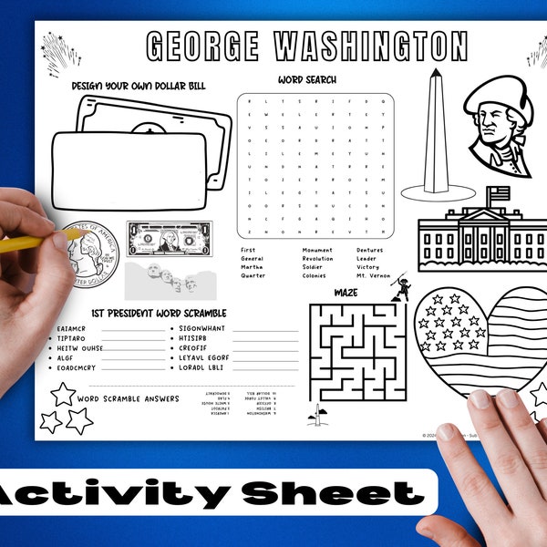 Presidents Day Activity Printable, George Washington Coloring Sheet, Placemat, Instant PDF, Learning Resource