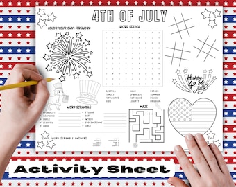 4 juli Placemat activiteit kleurplaat digitaal 11 x 8,5 kinderfeest afdrukbare Amerika Independence Day BBQ patriottische Instant Download