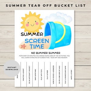 May include: A printable summer screen time chart with a cheerful sun and a blue bucket. The chart has a list of activities to do for 30 minutes to earn 15 minutes of screen time. The text reads "Summer Screen Time No Bummer Summer".