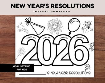Página para colorear de propósitos de Año Nuevo 2026 para niños, hoja de trabajo con objetivos y reflexiones, sugerencias de escritura, descarga instantánea en PDF.