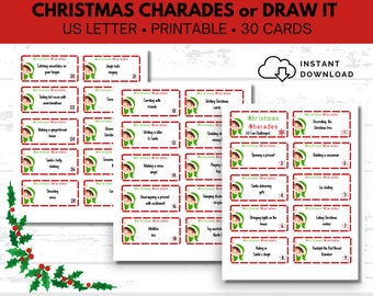 May include: A printable set of 30 Christmas charades cards featuring an elf illustration. The cards include activities like "Catching snowflakes on your tongue" and "Writing a letter to Santa".