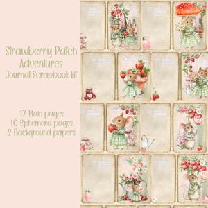 Puede incluir: Un kit de scrapbook de diario titulado "Strawberry Patch Adventures". El kit incluye 17 páginas principales, 10 páginas de efemérides y 2 papeles de fondo. Las páginas presentan ilustraciones de ratones, fresas y elementos florales.